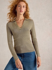 White Stuff Green Riley Sparkle Rib Collar Jumper - Image 1 of 6