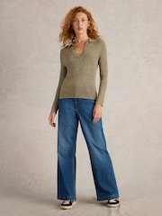 White Stuff Green Riley Sparkle Rib Collar Jumper - Image 3 of 6