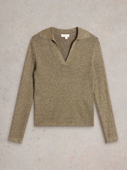 White Stuff Green Riley Sparkle Rib Collar Jumper - Image 5 of 6