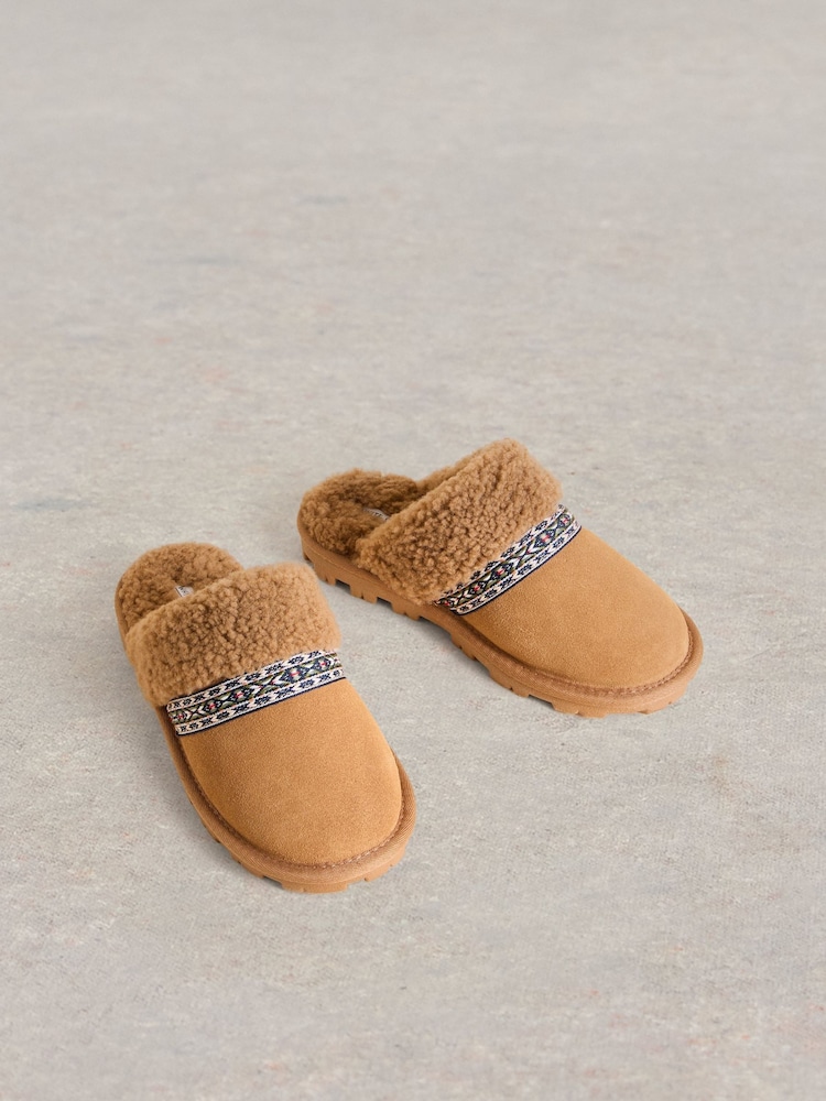 White Stuff Brown Suede Shearling Slipper Mules - Image 2 of 4
