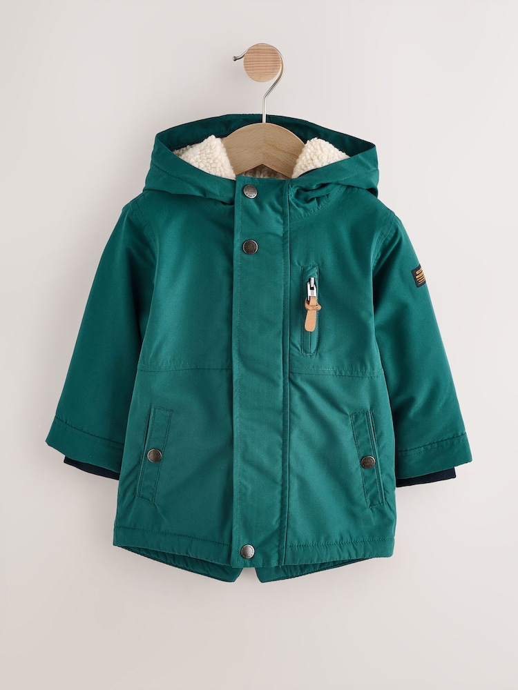 Forest Green Waterproof Borg Lined Parka Coat (3mths-7yrs) - Image 1 of 9