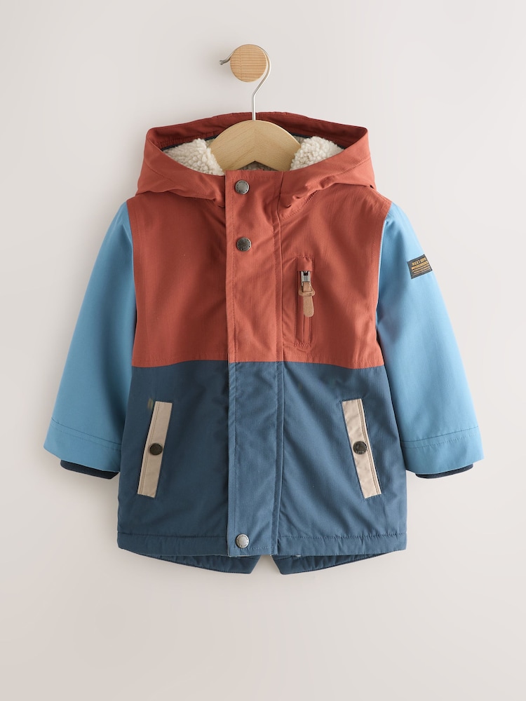 Navy/Red Colourblock Waterproof Borg Lined Parka Coat (3mths-7yrs) - Image 1 of 6
