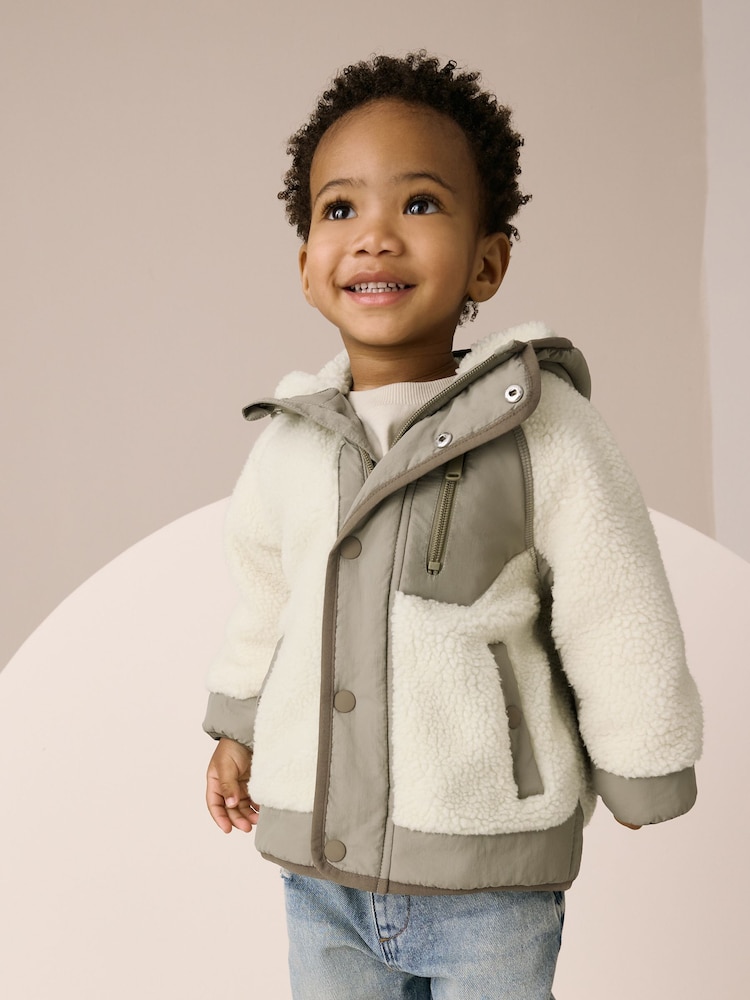 Khaki/Cream Colourblock Borg Jacket (3mths-7yrs) - Image 1 of 10 Khaki/Cream Colourblock Borg Jacket (3mths-7yrs) - Image 1 of 10