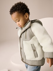 Khaki/Cream Colourblock Borg Jacket (3mths-7yrs) - Image 4 of 10