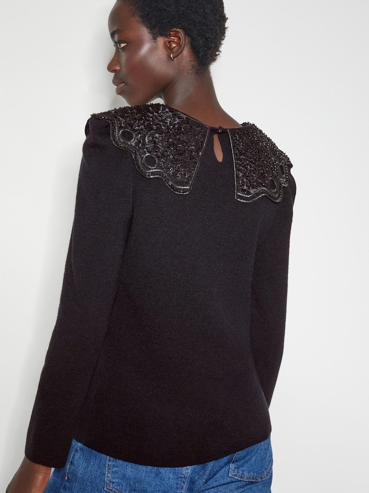 Monsoon Black Oversized Etta Beaded Collar Jumper - Image 2 of 4