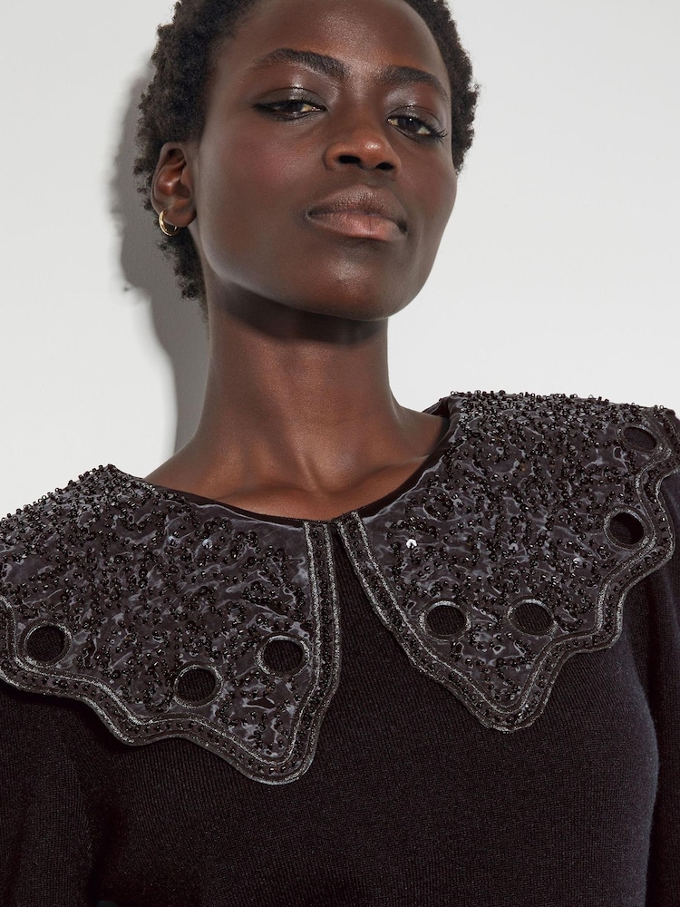Monsoon Black Oversized Etta Beaded Collar Jumper - Image 4 of 4
