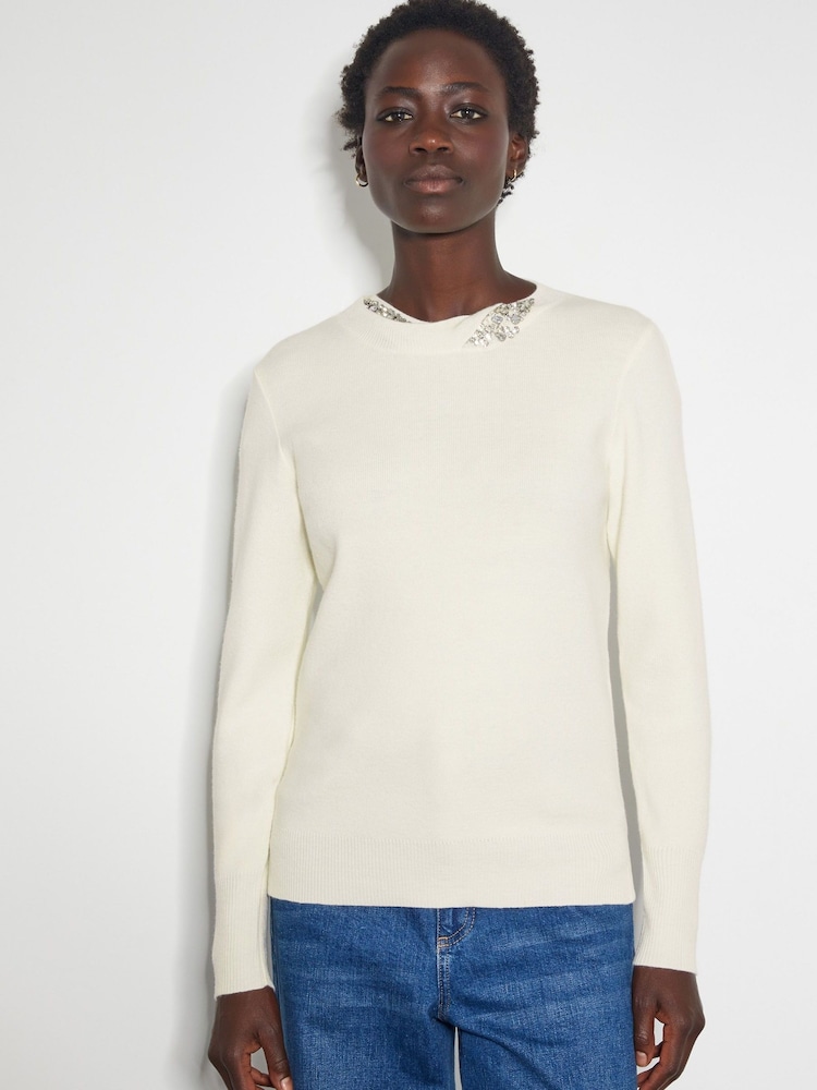 Monsoon Cream Eva Embellished Neck Jumper - Image 2 of 4