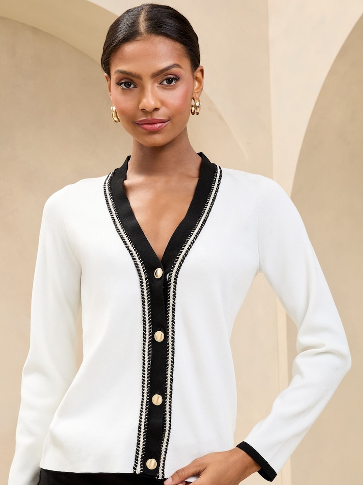 Marfil - Lipsy V-Neck Tipped Rope Plait Trim Detail Knitted Cardigan - Imagen 1 de 4
