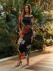 Black Orange Floral Kew Collection Square Neck Long Sleeve Mesh Midi Dress - Image 1 of 8
