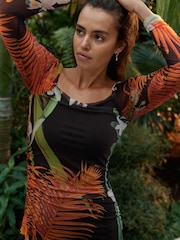 Black Orange Floral Kew Collection Square Neck Long Sleeve Mesh Midi Dress - Image 3 of 8