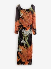 Black Orange Floral Kew Collection Square Neck Long Sleeve Mesh Midi Dress - Image 5 of 8