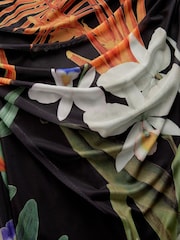 Black Orange Floral Kew Collection Square Neck Long Sleeve Mesh Midi Dress - Image 6 of 8
