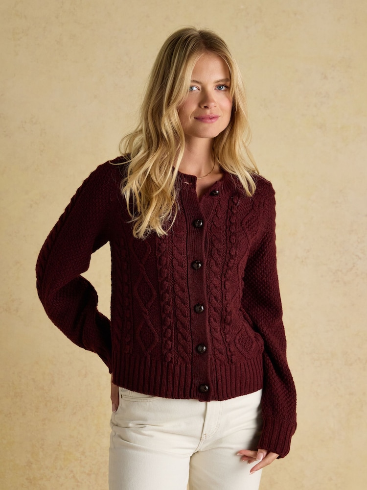 Joules Rafferty Wine Cable Knit Cardigan - Image 1 of 9 Joules Rafferty Wine Cable Knit Cardigan - Image 1 of 9