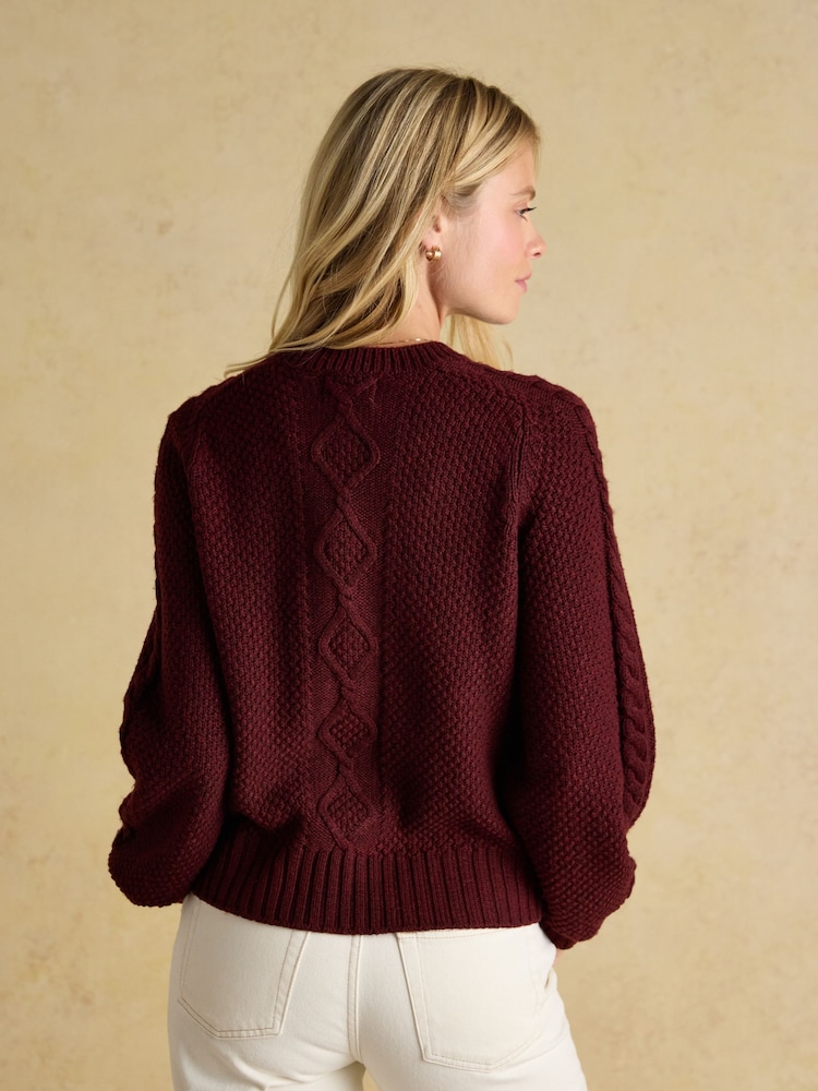 Joules Rafferty Wine Cable Knit Cardigan - Image 2 of 9 Joules Rafferty Wine Cable Knit Cardigan - Image 2 of 9