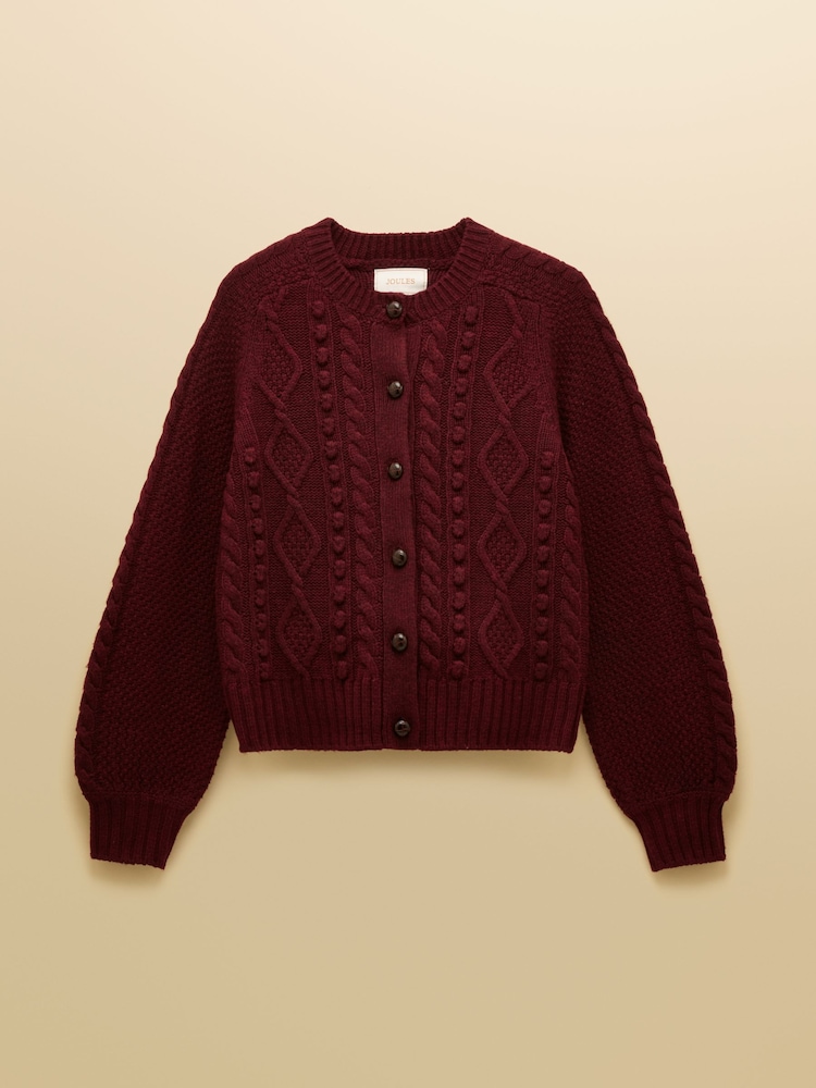 Joules Rafferty Wine Cable Knit Cardigan - Image 9 of 9