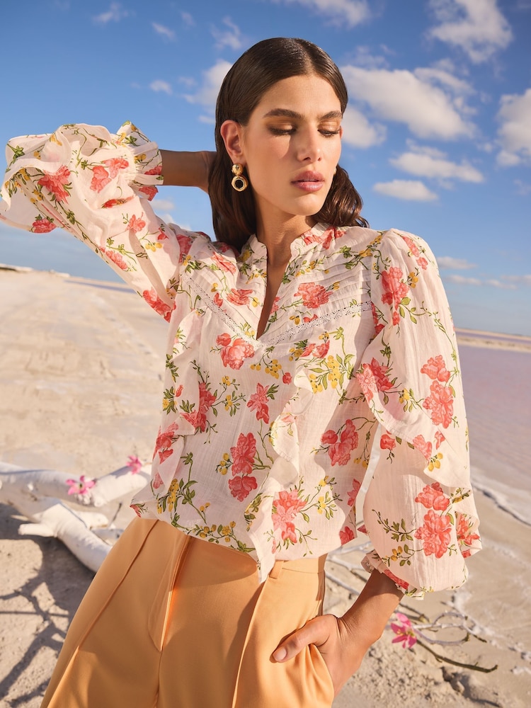 V&A I Love & Roses Floral Petite Print Long Sleeve Ruffle 100% Cotton Blouse - Image 1 of 4