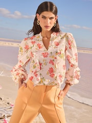 V&A I Love & Roses Floral Petite Print Long Sleeve Ruffle 100% Cotton Blouse - Image 2 of 4