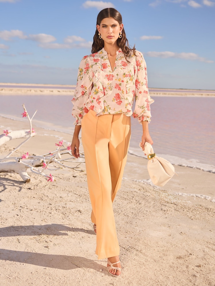 V&A I Love & Roses Floral Petite Print Long Sleeve Ruffle 100% Cotton Blouse - Image 3 of 4