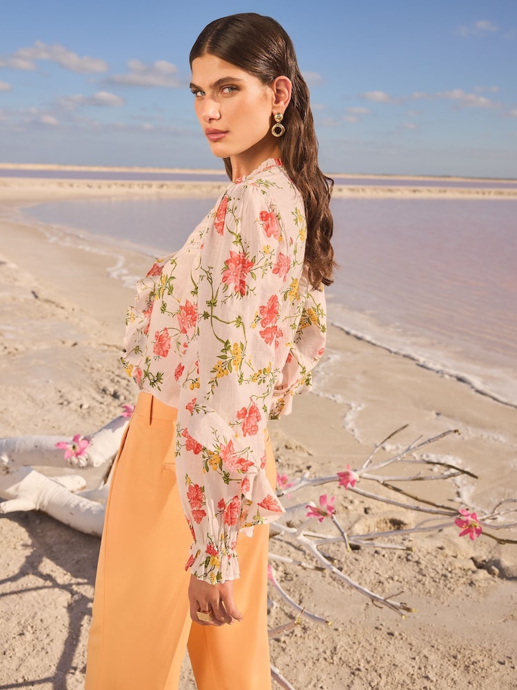 V&A I Love & Roses Floral Petite Print Long Sleeve Ruffle 100% Cotton Blouse - Image 4 of 4