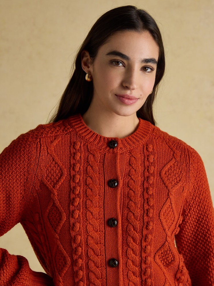 Joules Rafferty Burnt Orange Cable Knit Cardigan - Image 4 of 7