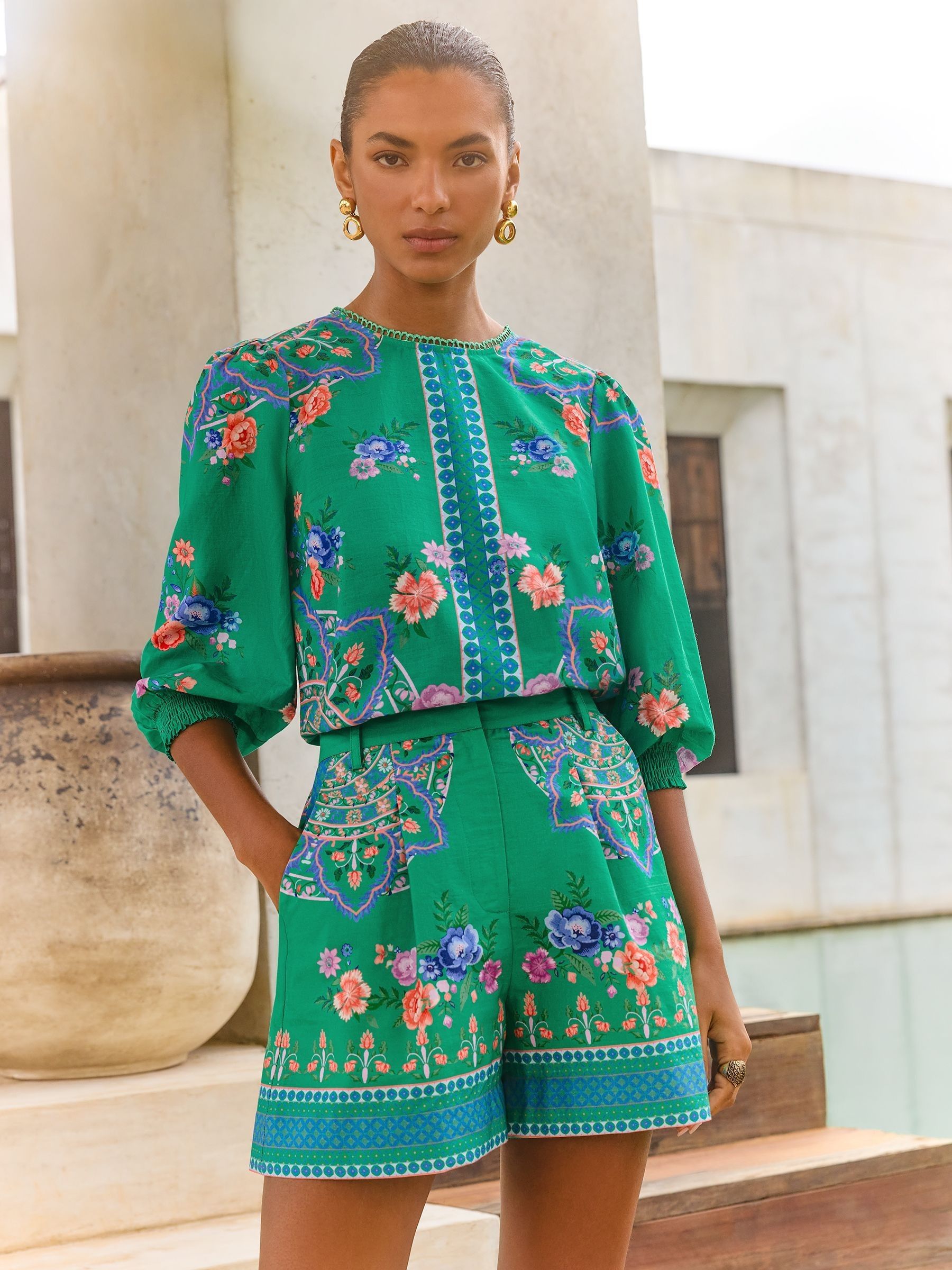 Blouse Caribbean Joe – Taille PXL (petite), Manches 3/4, Imprimé Floral Bleu Et Vert, Coton