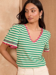 Love & Roses Green Stripe Scallop V-Neck T-Shirt - Image 1 of 4