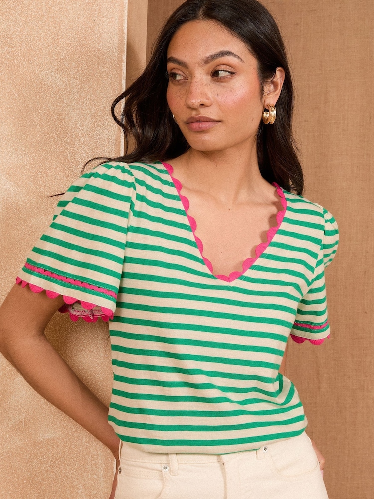 Love & Roses Green Stripe Scallop V-Neck T-Shirt - Image 1 of 4