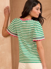 Love & Roses Green Stripe Scallop V-Neck T-Shirt - Image 4 of 4
