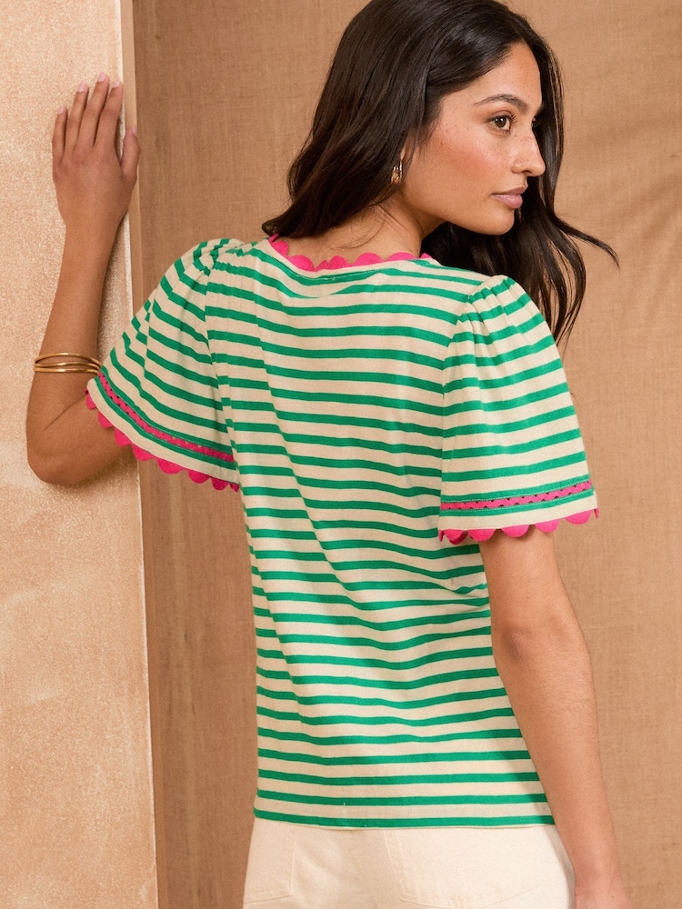 Love & Roses Green Stripe Scallop V-Neck T-Shirt - Image 4 of 4