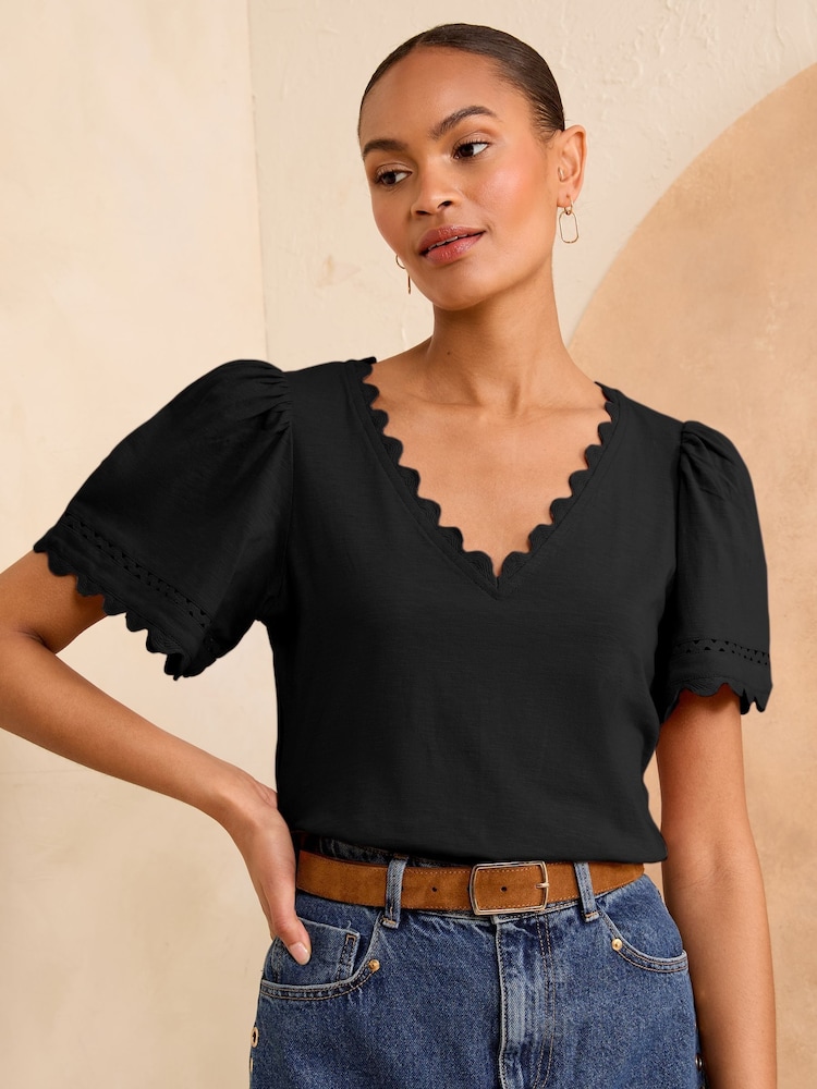 Love & Roses Black Petite Scallop V-Neck 100% Cotton T-Shirt - Image 1 of 1