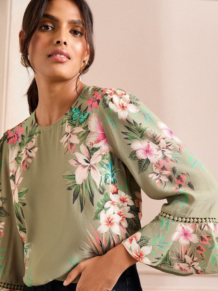 Love & Roses Green Floral Petite Lace Detail Crew Neck Flute Sleeve Blouse - Image 2 of 4 Love & Roses Green Floral Petite Lace Detail Crew Neck Flute Sleeve Blouse - Image 2 of 4