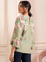 Love & Roses Green Floral Petite Lace Detail Crew Neck Flute Sleeve Blouse - Image 3 of 4