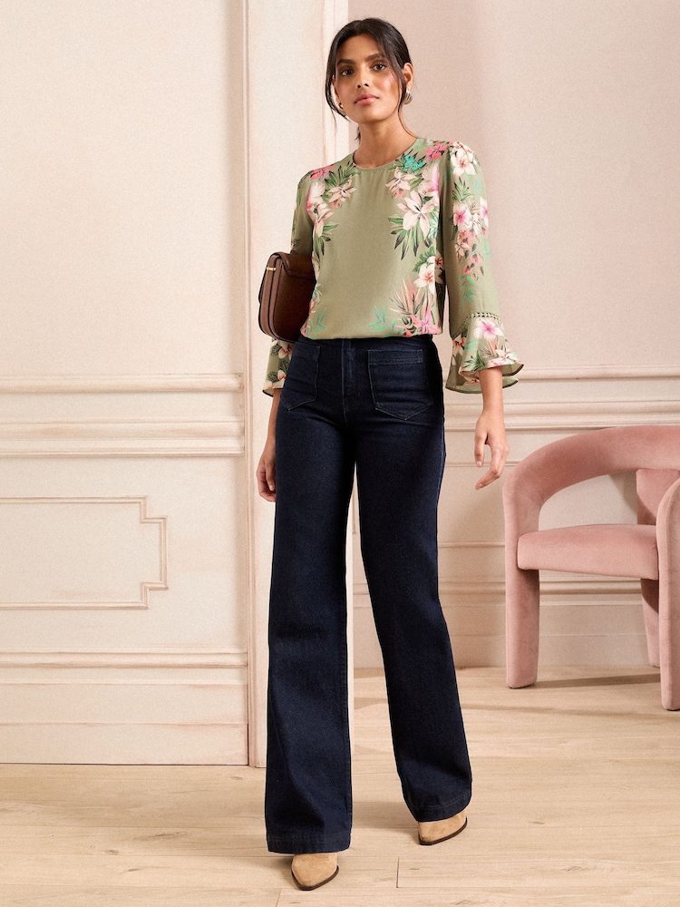 Love & Roses Green Floral Petite Lace Detail Crew Neck Flute Sleeve Blouse - Image 4 of 4 Love & Roses Green Floral Petite Lace Detail Crew Neck Flute Sleeve Blouse - Image 4 of 4