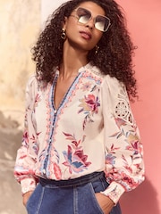 Love & Roses Pink Floral Print Lace Detail Notch Neck Long Sleeve 100% Cotton Blouse - Image 1 of 4