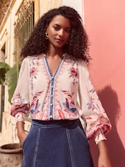 Love & Roses Pink Floral Print Lace Detail Notch Neck Long Sleeve 100% Cotton Blouse - Image 2 of 4