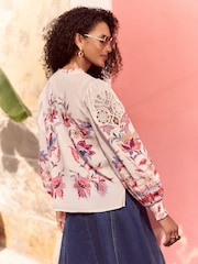 Love & Roses Pink Floral Print Lace Detail Notch Neck Long Sleeve 100% Cotton Blouse - Image 4 of 4