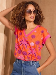 Love & Roses Pink Ombre Tropical Print Tropical Palm Print V-Neck Jersey T-Shirt - Image 1 of 4