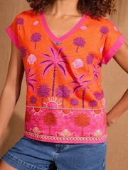 Love & Roses Pink Ombre Tropical Print Tropical Palm Print V-Neck Jersey T-Shirt - Image 2 of 4