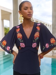 V&A I Love & Roses Navy Short Sleeve Floral Print Embroidered Tea Top - Image 1 of 4