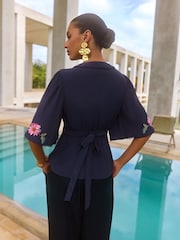 V&A I Love & Roses Navy Short Sleeve Floral Print Embroidered Tea Top - Image 4 of 4