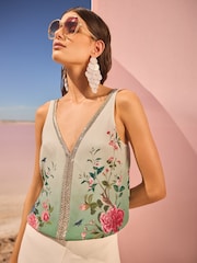 V&A I Love & Roses Green V-Neck Embellished Floral Print Trim Vest - Image 1 of 4