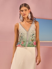 V&A I Love & Roses Green V-Neck Embellished Floral Print Trim Vest - Image 2 of 4