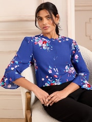 Love & Roses Cobalt Blue Petite 3/4 Flute Sleeve Blouse - Image 1 of 4