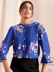 Love & Roses Cobalt Blue Petite 3/4 Flute Sleeve Blouse - Image 2 of 4