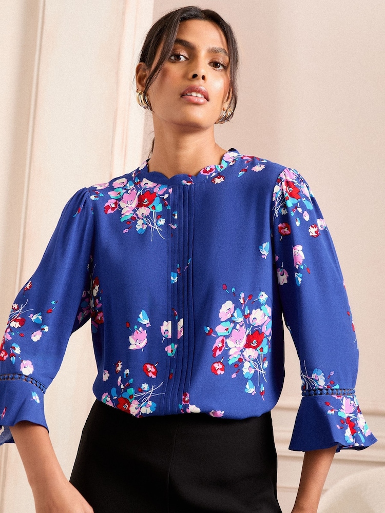 Love & Roses Cobalt Blue Petite 3/4 Flute Sleeve Blouse - Image 2 of 4