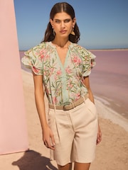 V&A I Love & Roses Green Petite Flutter Sleeve Broderie Printed Short Sleeve V-Neckline Blouse - Image 2 of 4
