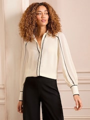 Love & Roses Ivory Contrast Piping Button Through Long Sleeve Shirt - Image 1 of 4