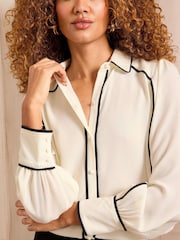 Love & Roses Ivory Contrast Piping Button Through Long Sleeve Shirt - Image 2 of 4