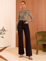 Love & Roses Brown Leopard Mesh Ruched Long Sleeve Top - Image 4 of 4