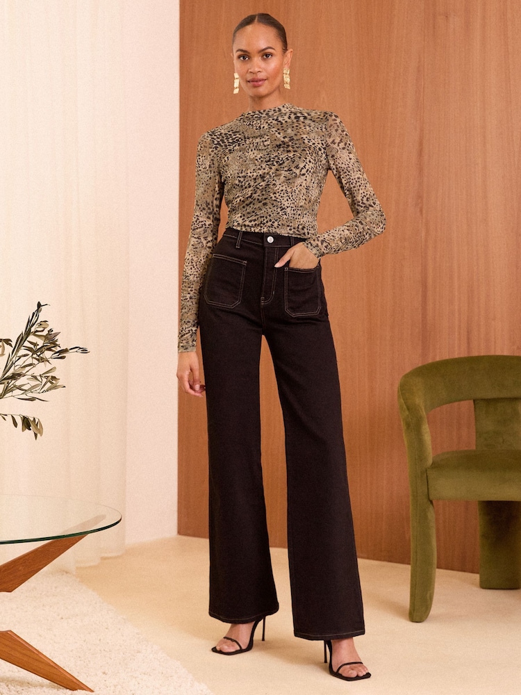 Love & Roses Brown Leopard Mesh Ruched Long Sleeve Top - Image 4 of 4